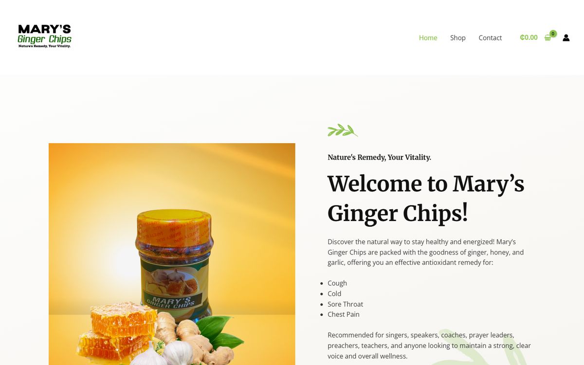 Mary's Ginger Chips home page designed by TinTin Technologies