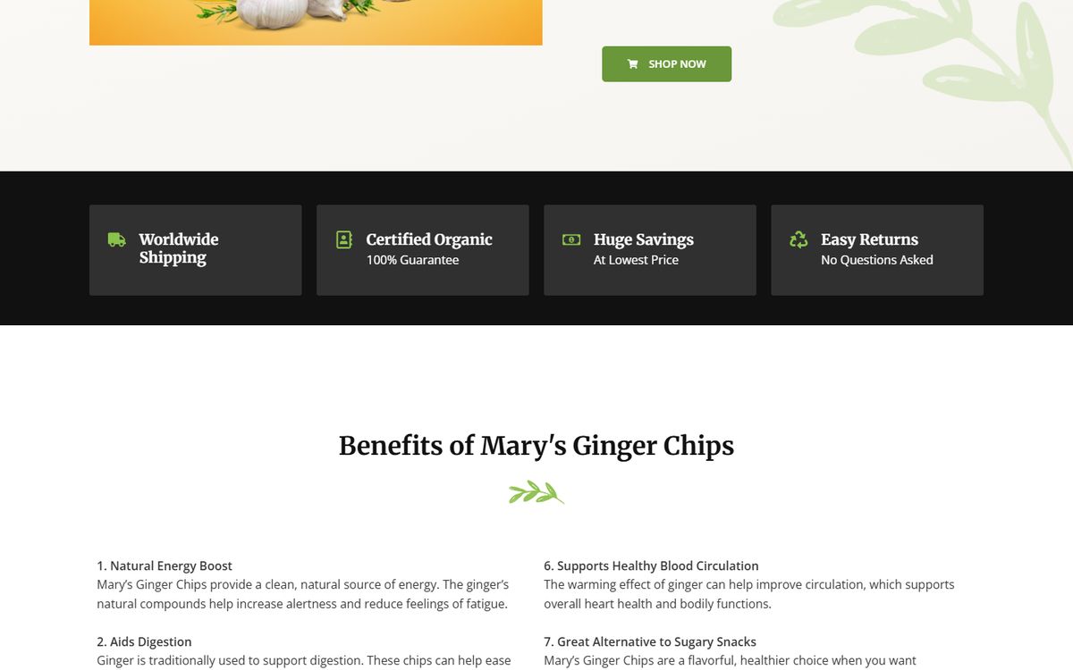 Mary's Ginger Chips website section