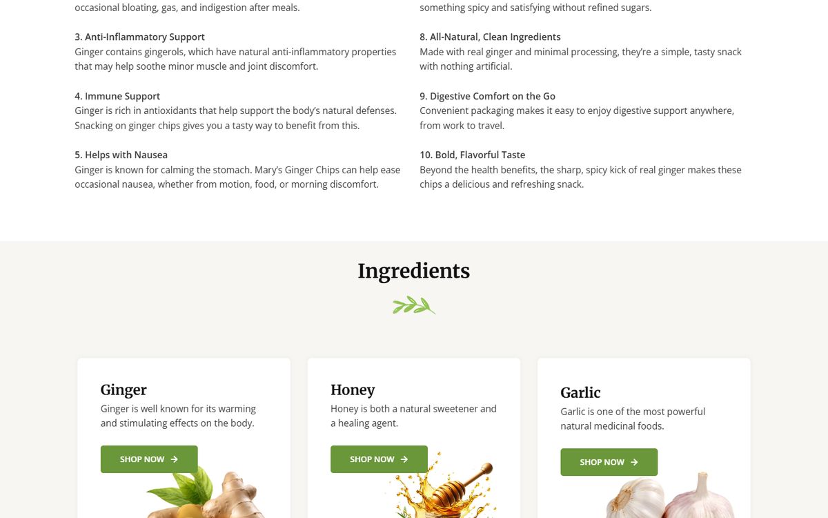 Mary's Ginger Chips website section
