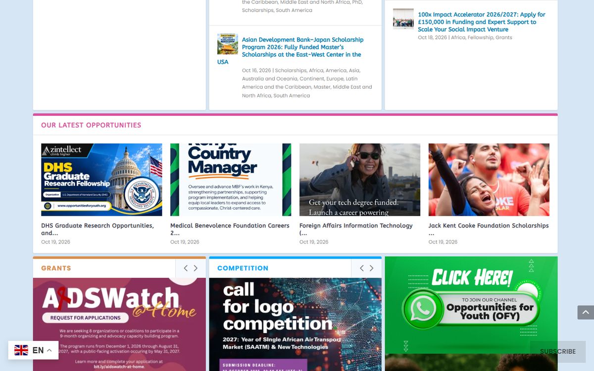 Opportunities for Youth website section
