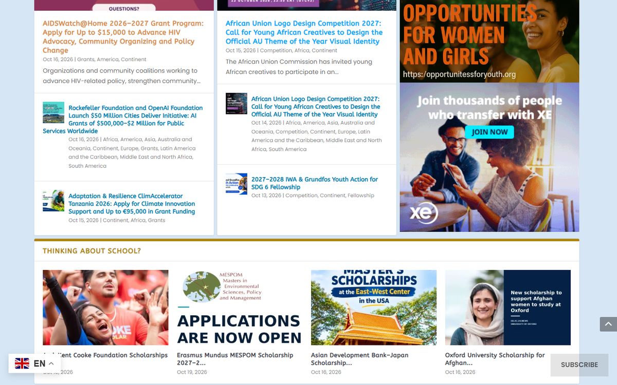 Opportunities for Youth website section