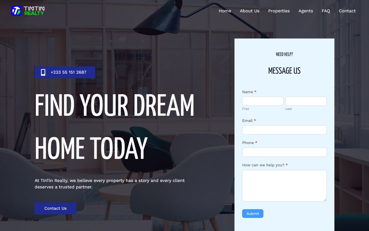 TinTin Realty home page designed by TinTin Technologies